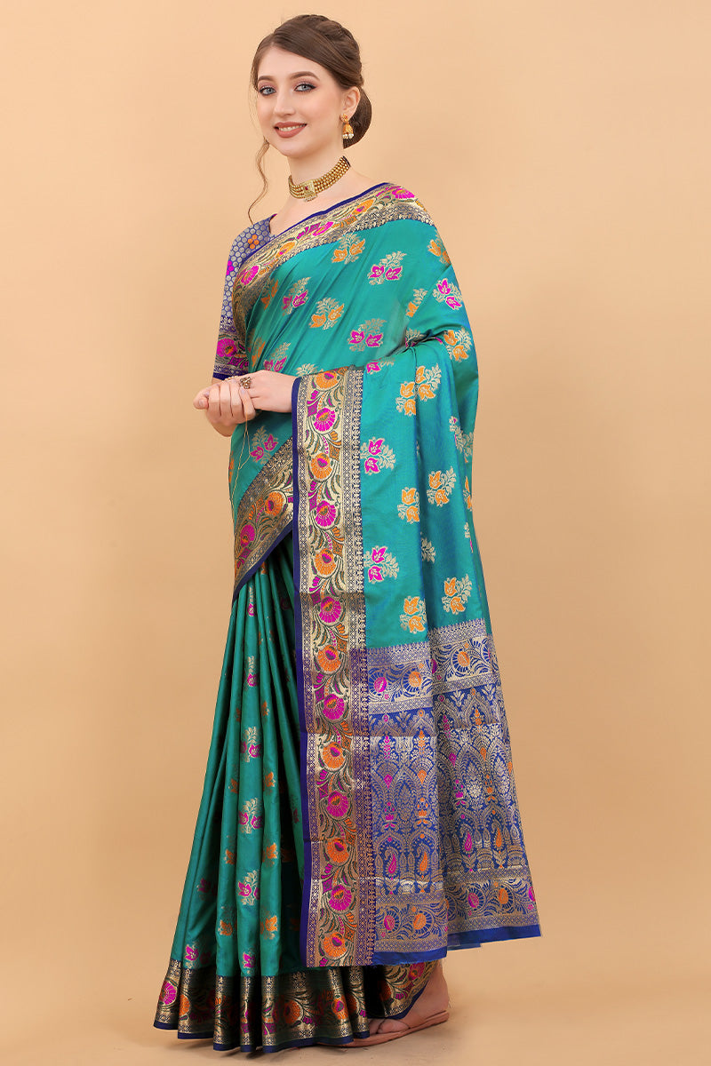 Fancifull Rama Soft Banarasi Silk Saree With Angelic Blouse Piece