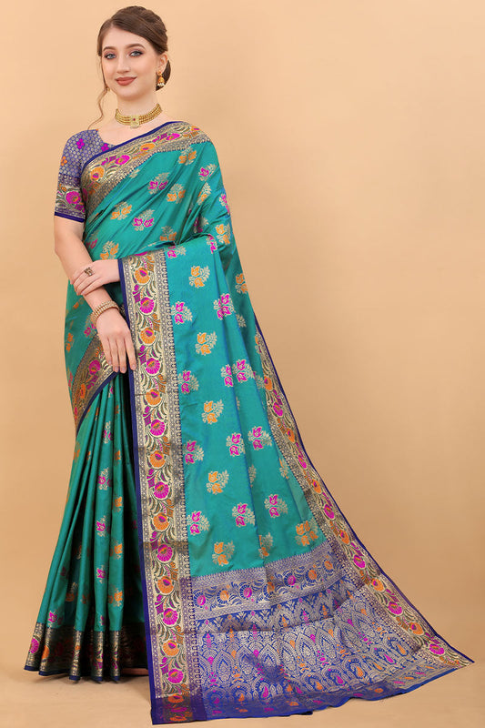 Fancifull Rama Soft Banarasi Silk Saree With Angelic Blouse Piece