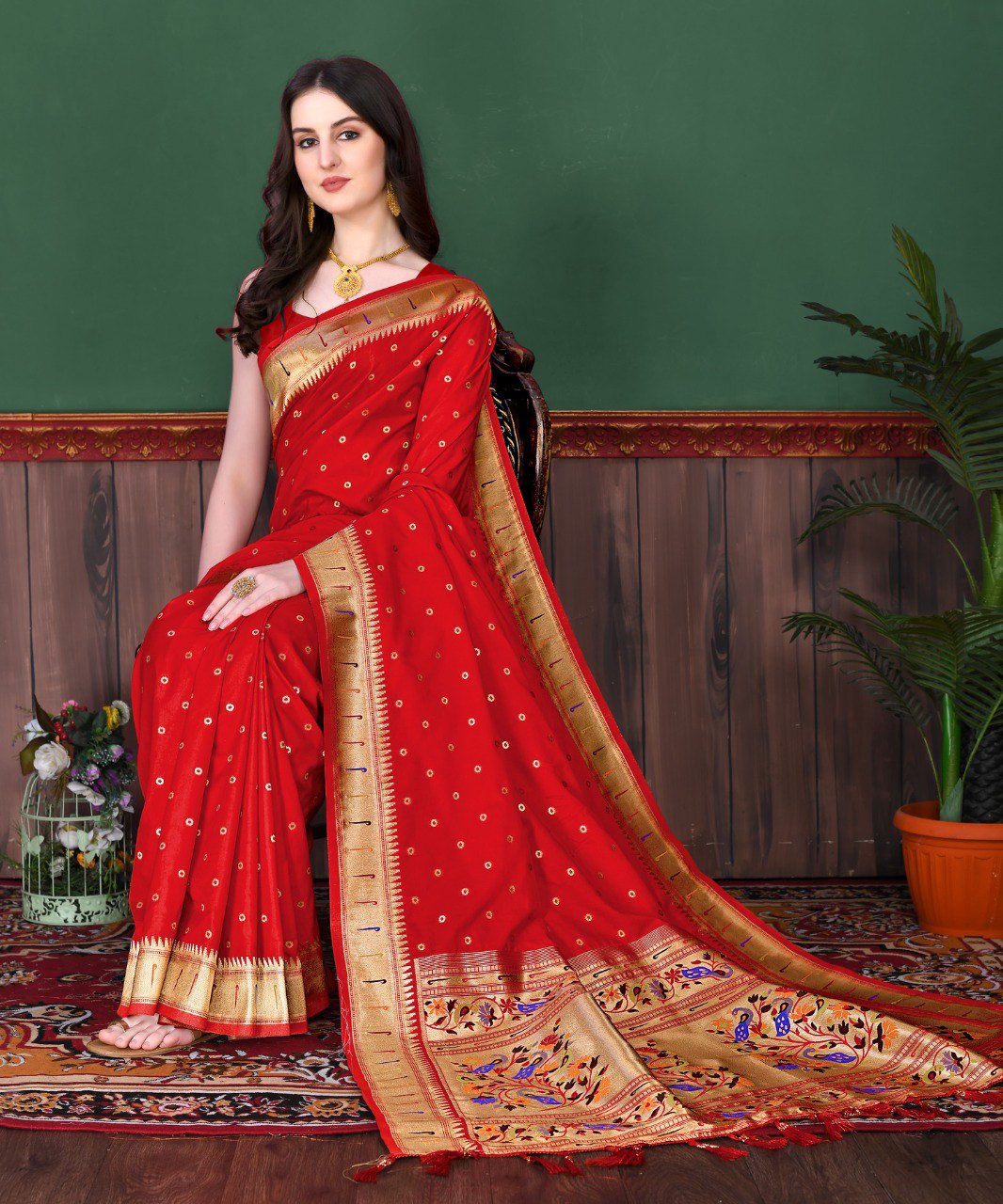 Beautiful Red Paithani Silk Saree With Ethnic Blouse Piece