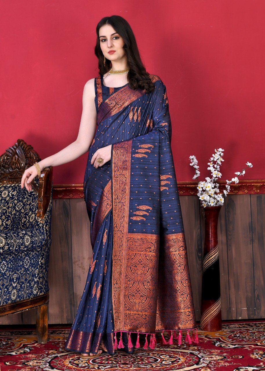 Breathtaking Navy Blue Soft Banarasi Silk Saree With Incomparable Blouse Piece