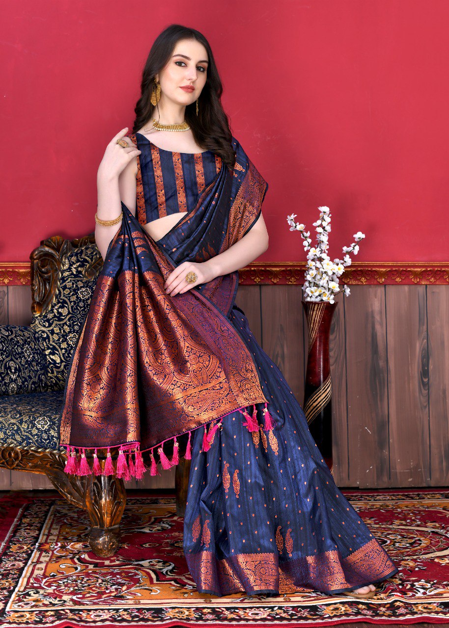 Breathtaking Navy Blue Soft Banarasi Silk Saree With Incomparable Blouse Piece