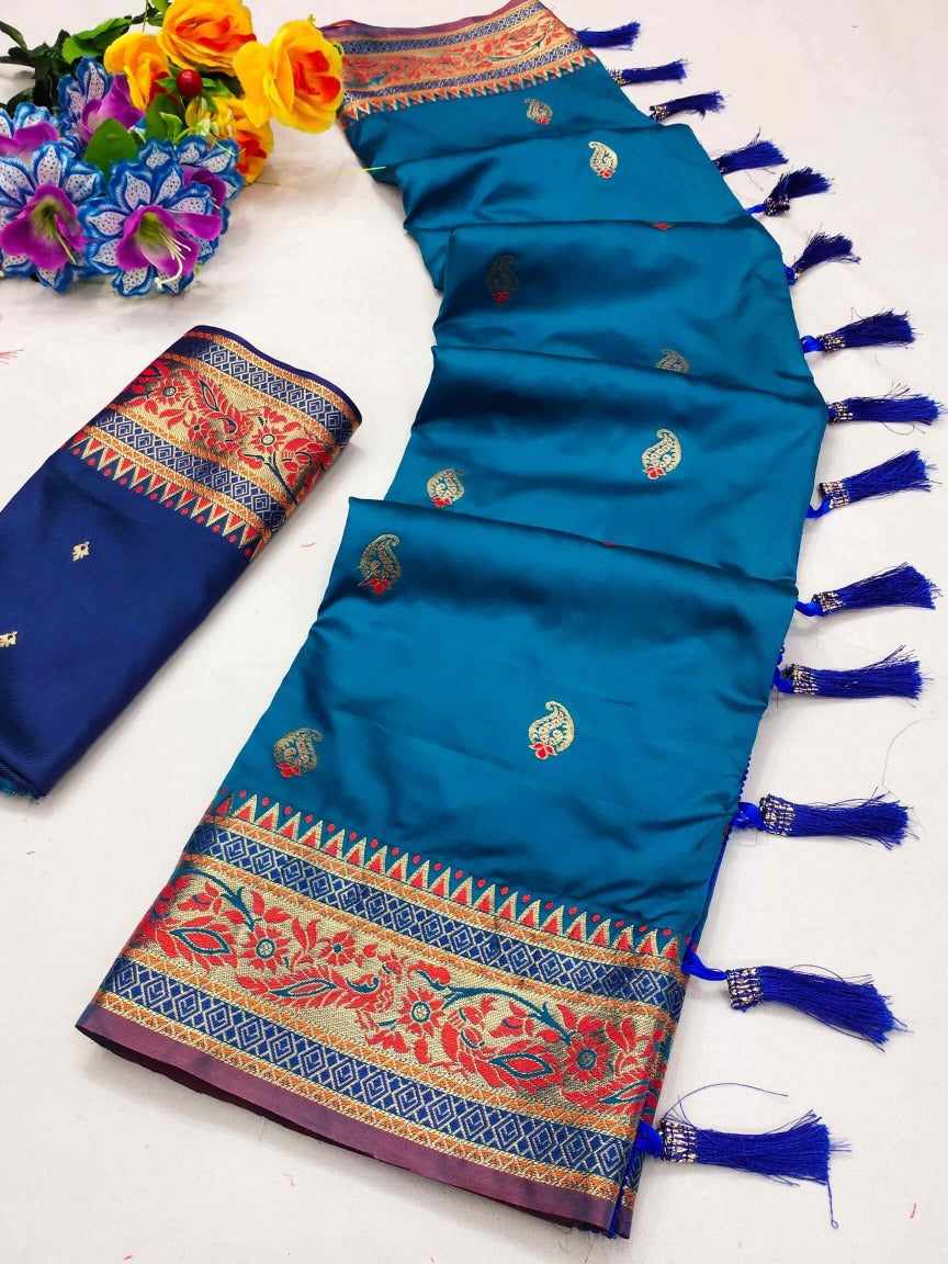 Dazzling Blue Soft Banarasi Silk Saree With Ideal Blouse Piece