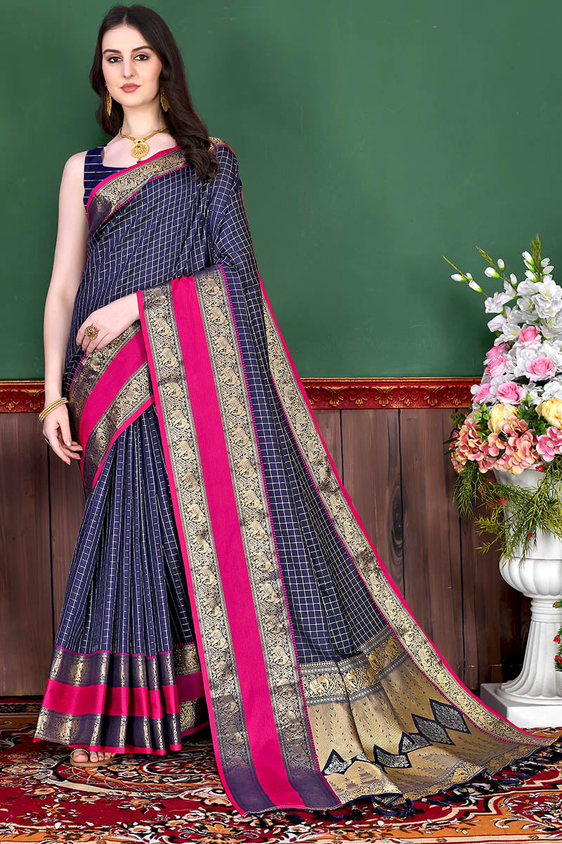 Deserving Navy Blue Soft Banarasi Silk Saree With Breathtaking Blouse Piece