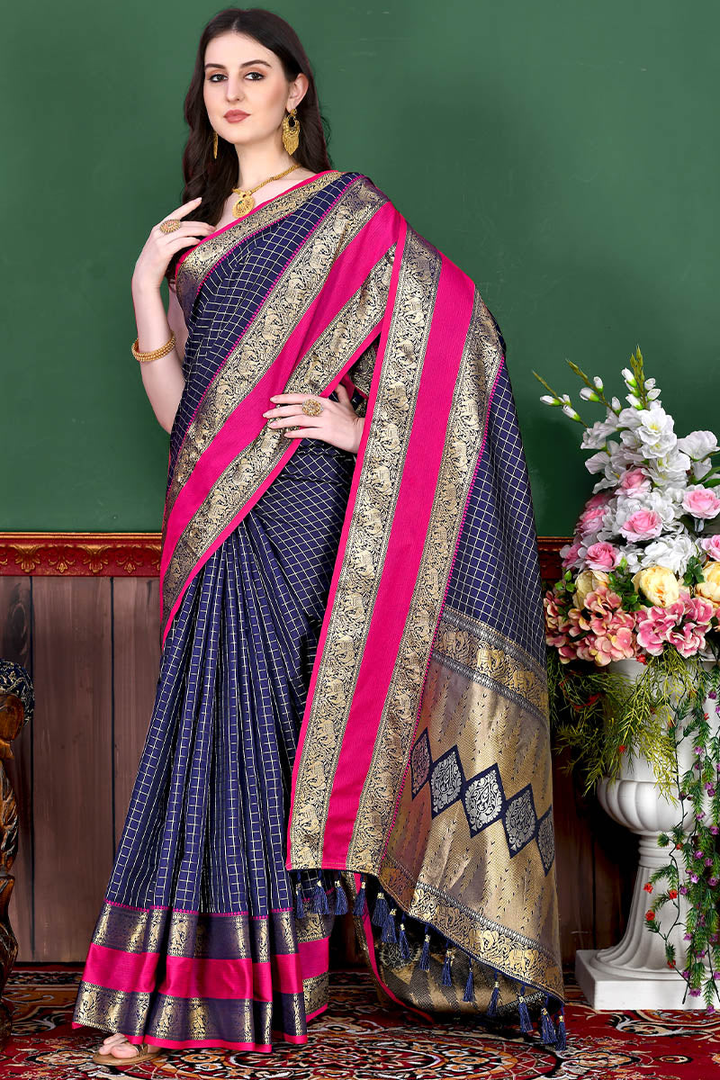 Deserving Navy Blue Soft Banarasi Silk Saree With Breathtaking Blouse Piece