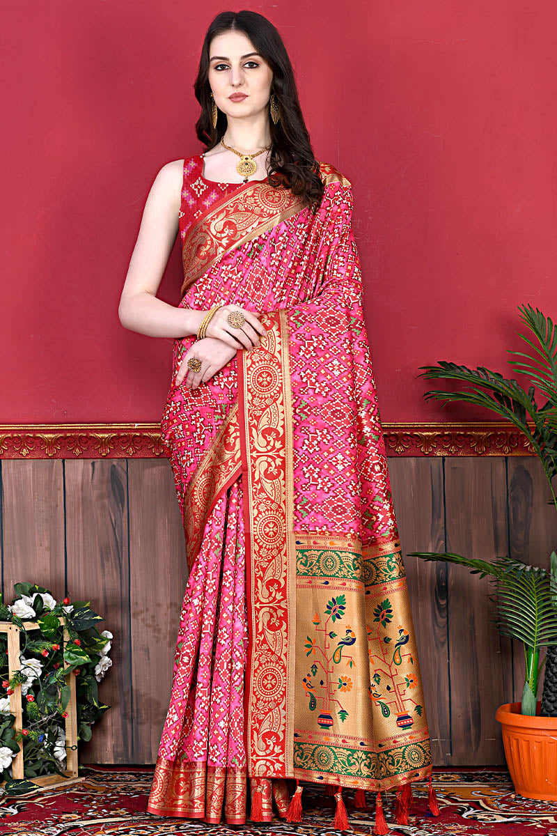 Classic Pink Patola Silk Saree with Blissful Blouse Piece