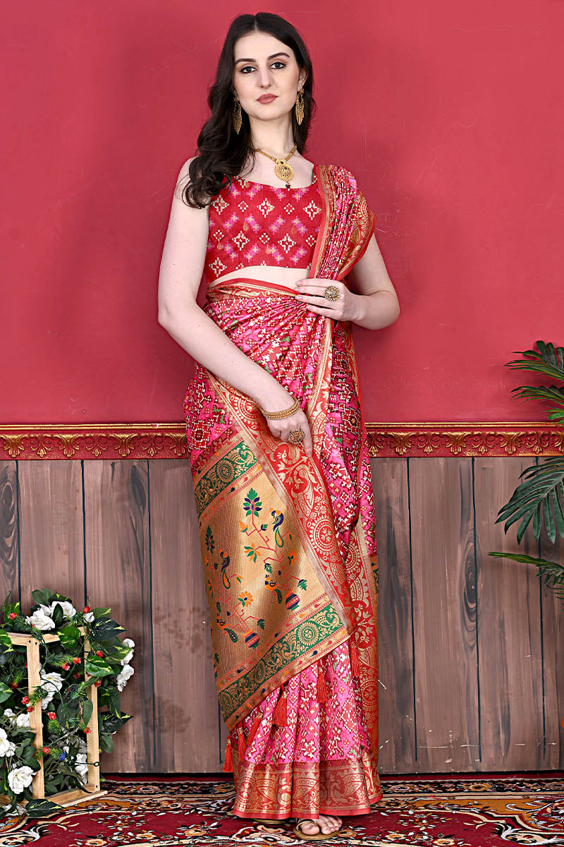 Classic Pink Patola Silk Saree with Blissful Blouse Piece