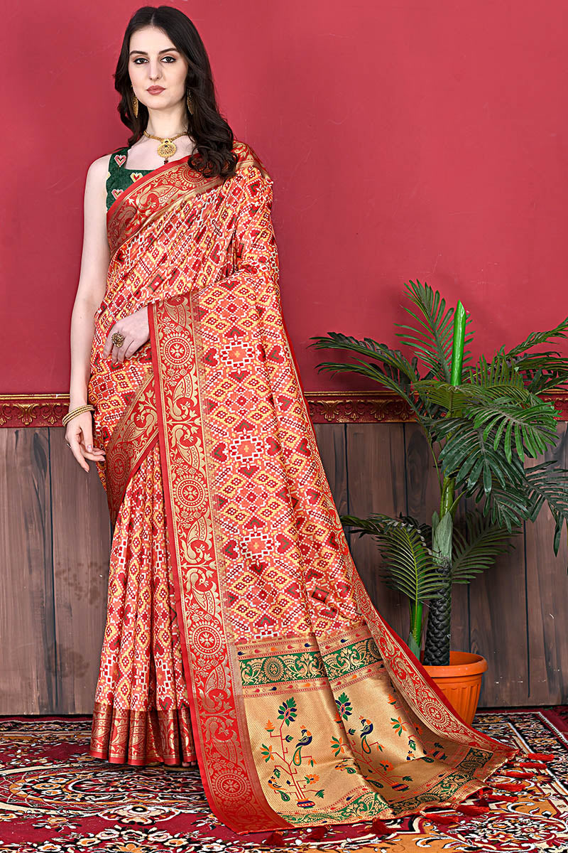 Ethnic Red Patola Silk Saree with Glowing Blouse Piece