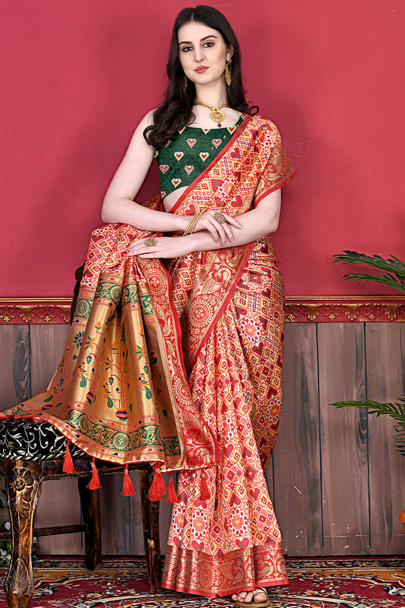 Ethnic Red Patola Silk Saree with Glowing Blouse Piece