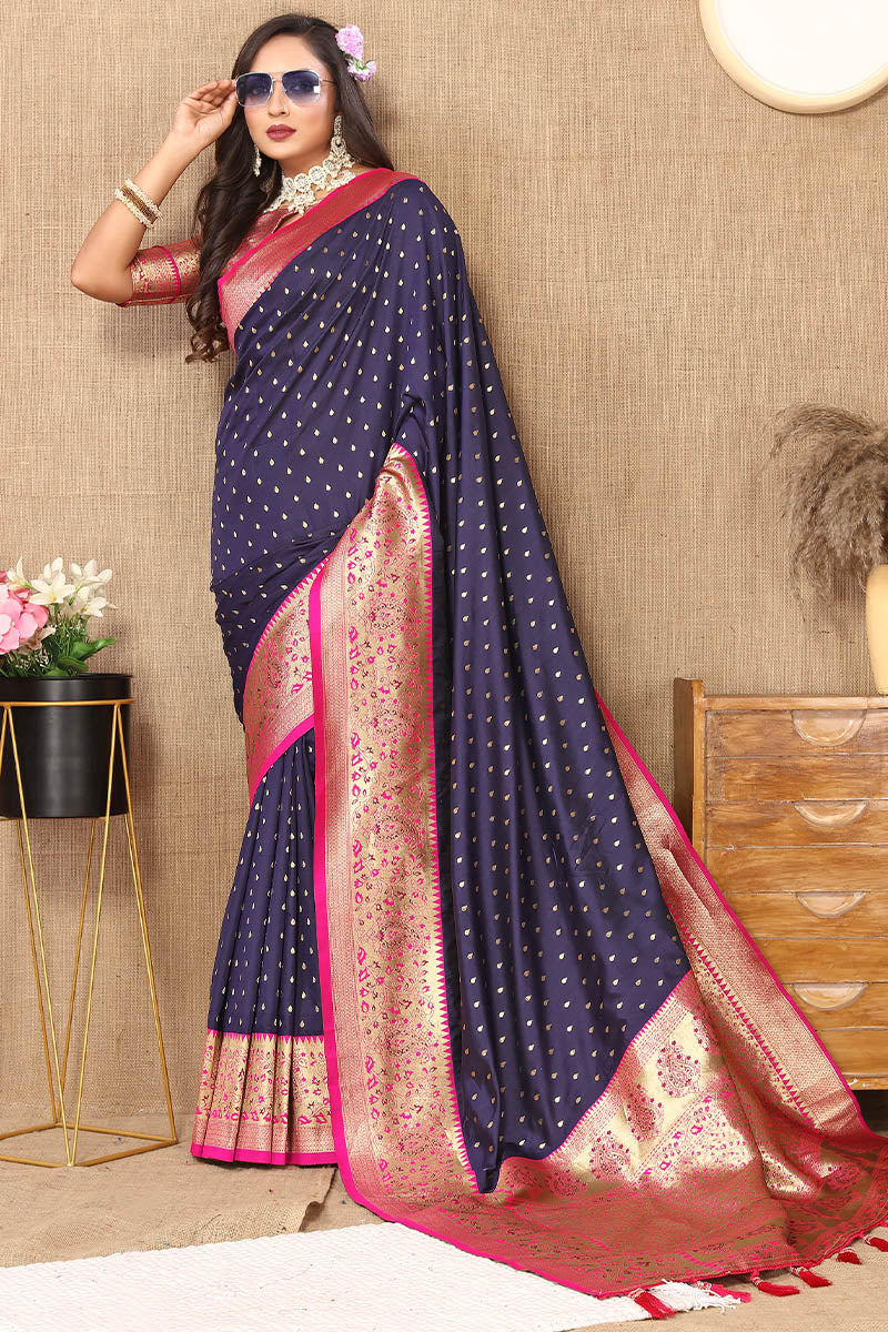 Chatoyant Navy Blue Soft Banarasi Silk Saree With Angelic Blouse Piece