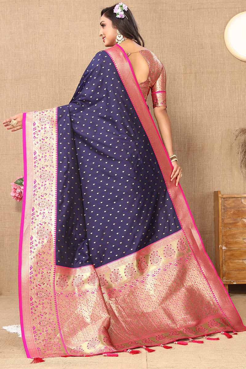 Chatoyant Navy Blue Soft Banarasi Silk Saree With Angelic Blouse Piece