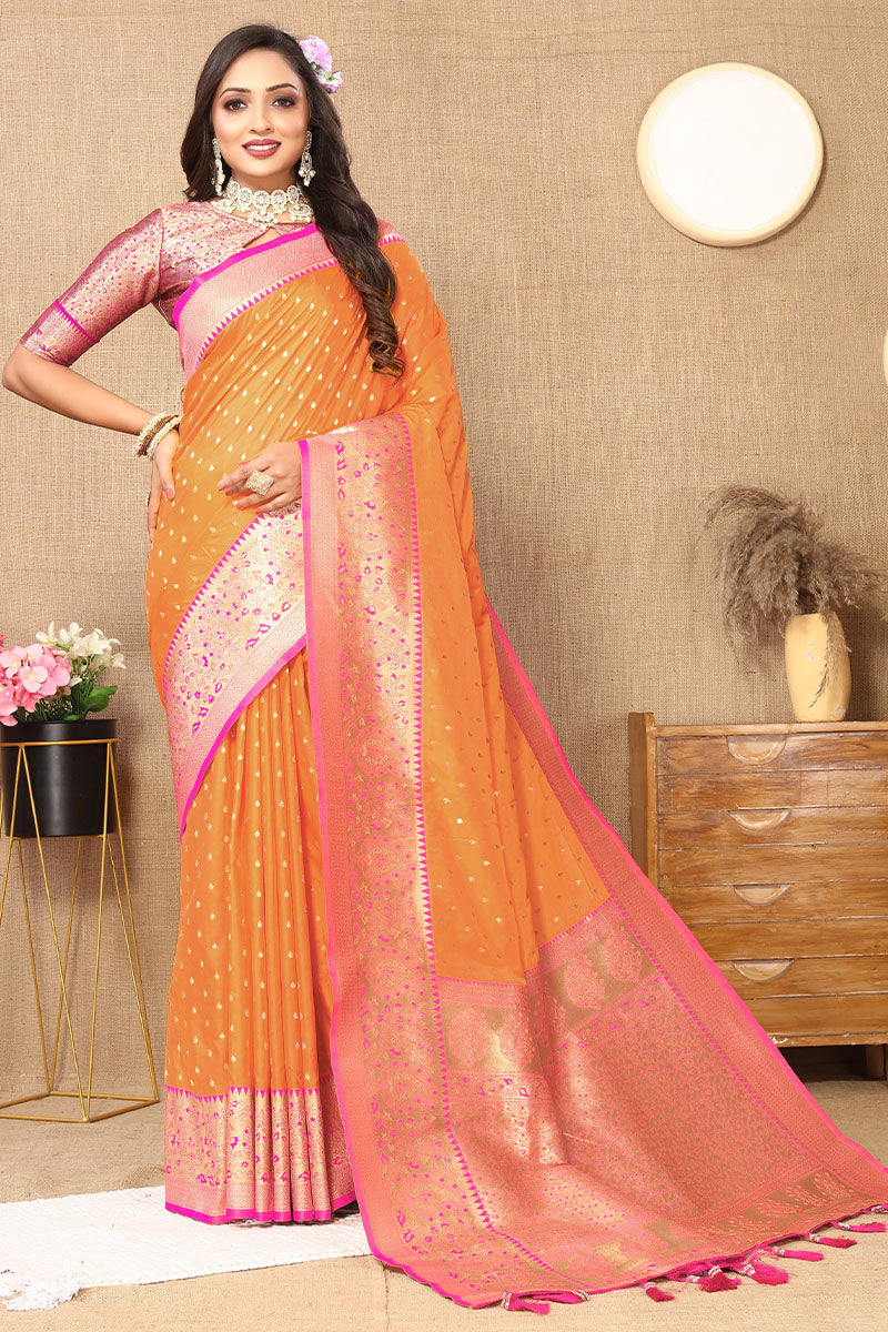 Fairytale Orange Soft Banarasi Silk Saree With Classic Blouse Piece