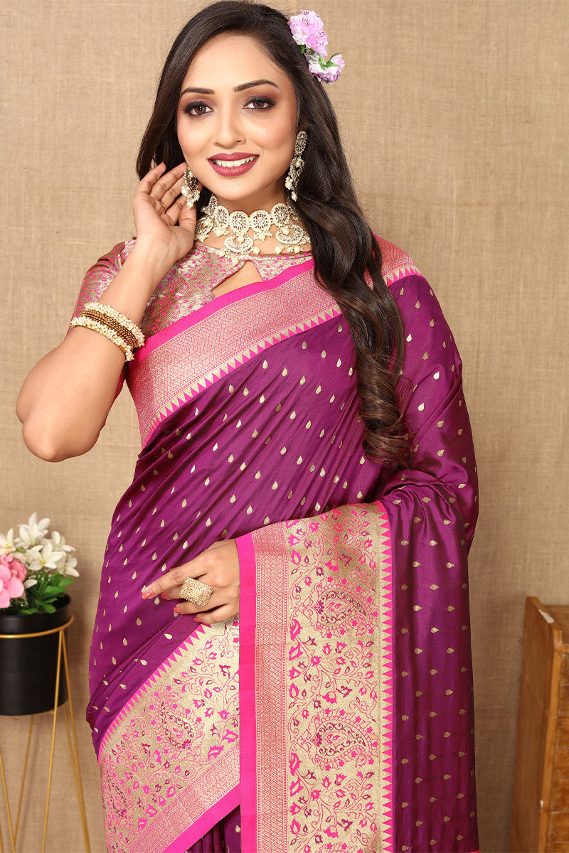 Adorable Purple Soft Banarasi Silk Saree With Hypnotic Blouse Piece