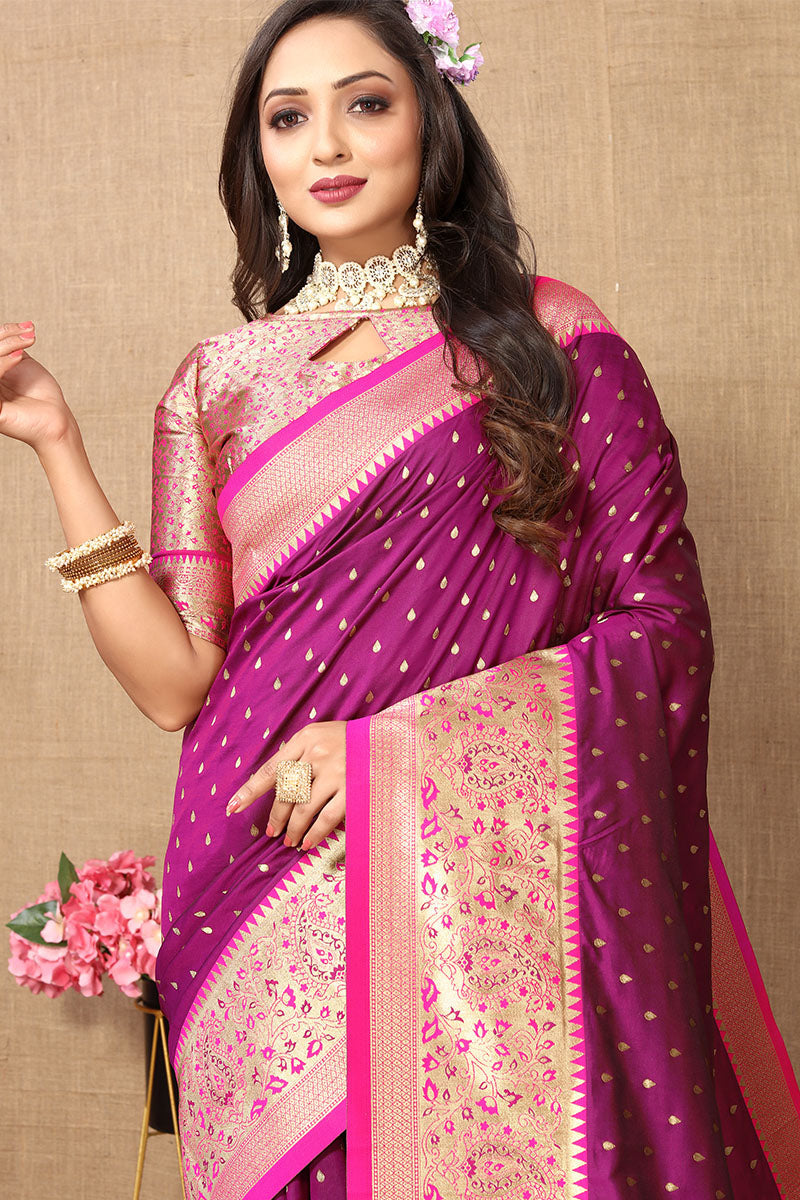 Adorable Purple Soft Banarasi Silk Saree With Hypnotic Blouse Piece