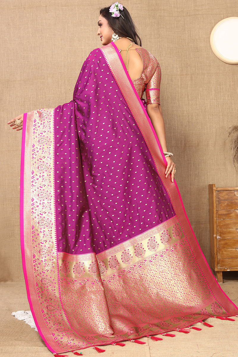 Adorable Purple Soft Banarasi Silk Saree With Hypnotic Blouse Piece