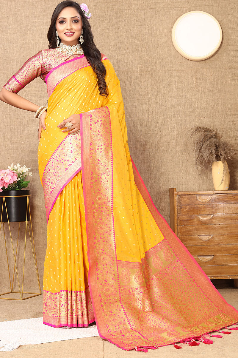 Desuetude Yellow Soft Banarasi Silk Saree With Incredible Blouse Piece