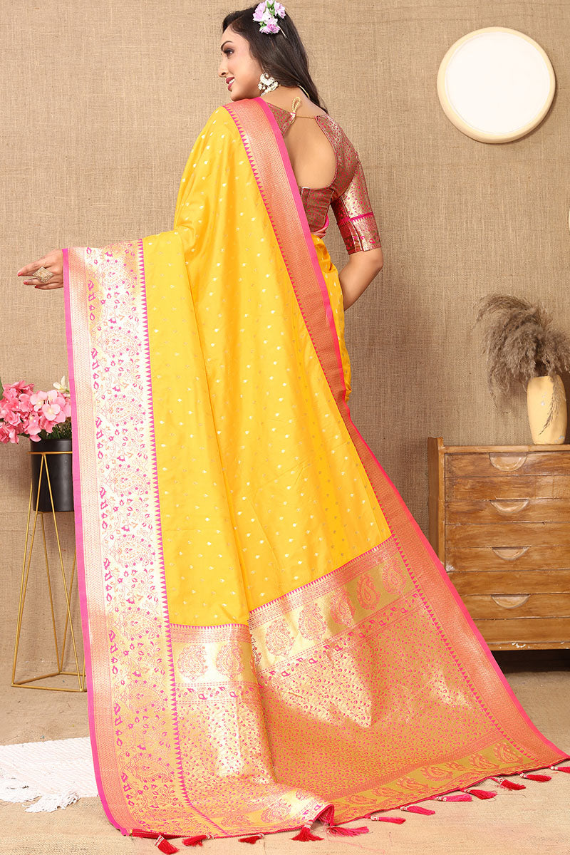 Desuetude Yellow Soft Banarasi Silk Saree With Incredible Blouse Piece