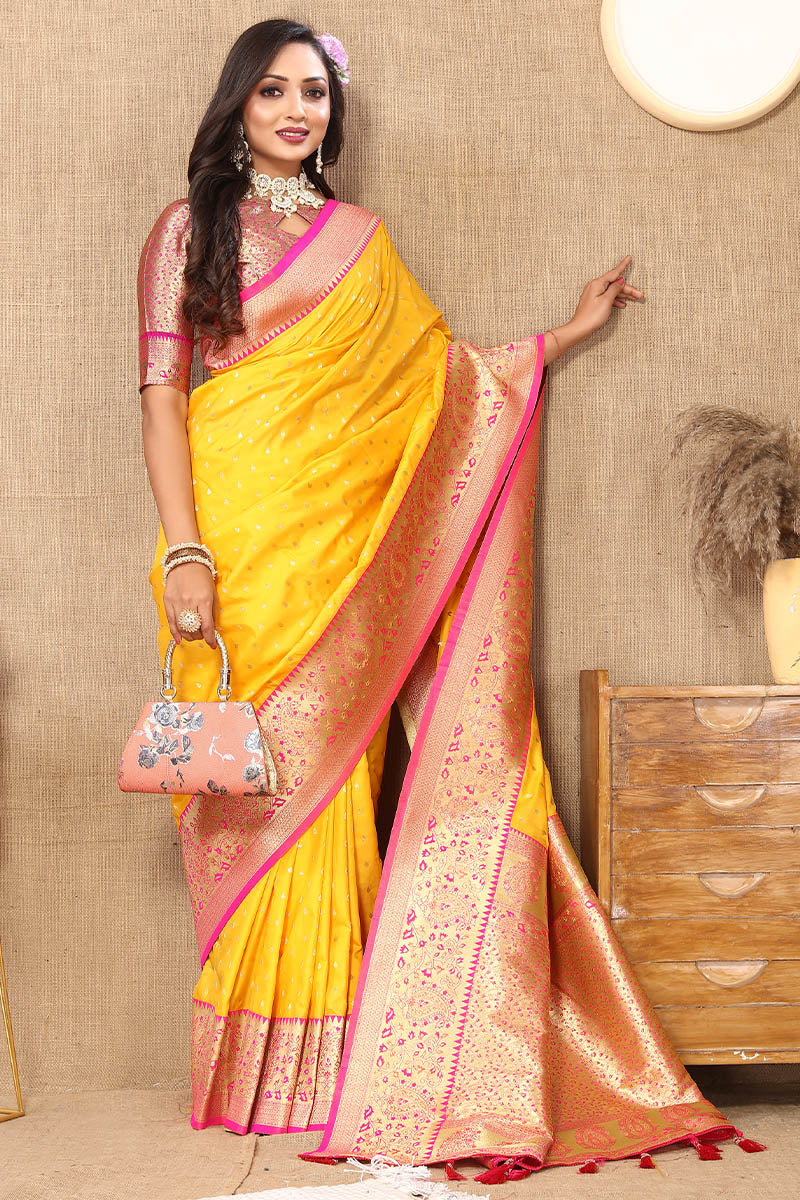 Desuetude Yellow Soft Banarasi Silk Saree With Incredible Blouse Piece