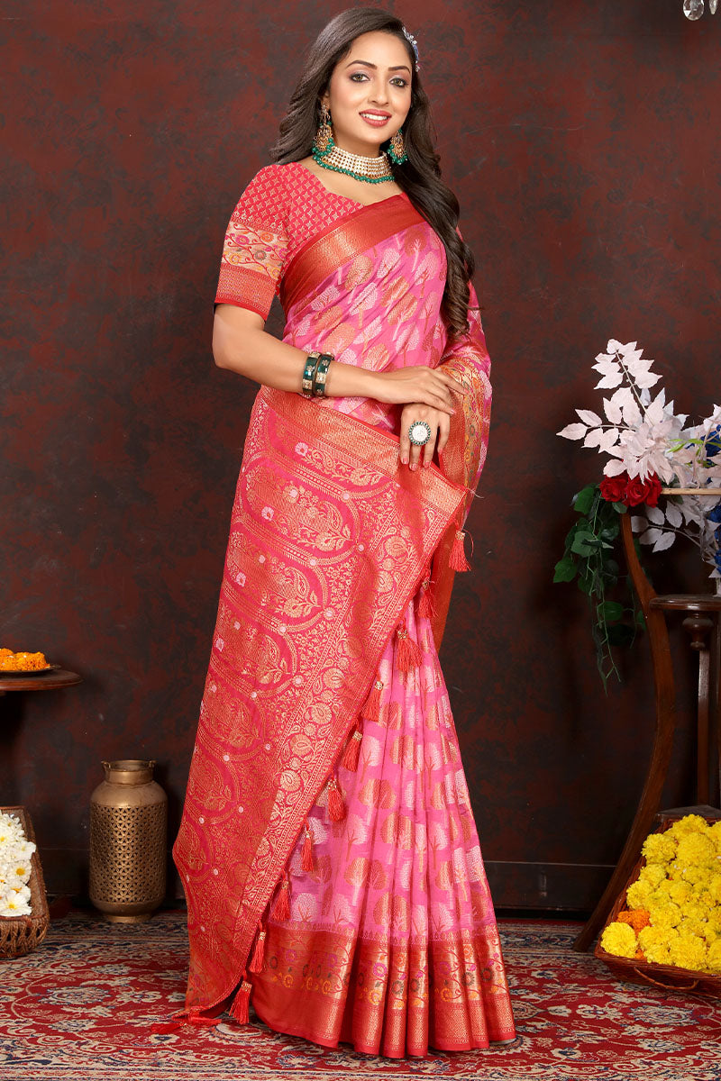 Inimitable Dark Pink Soft Banarasi Silk Saree With Ethereal Blouse Piece