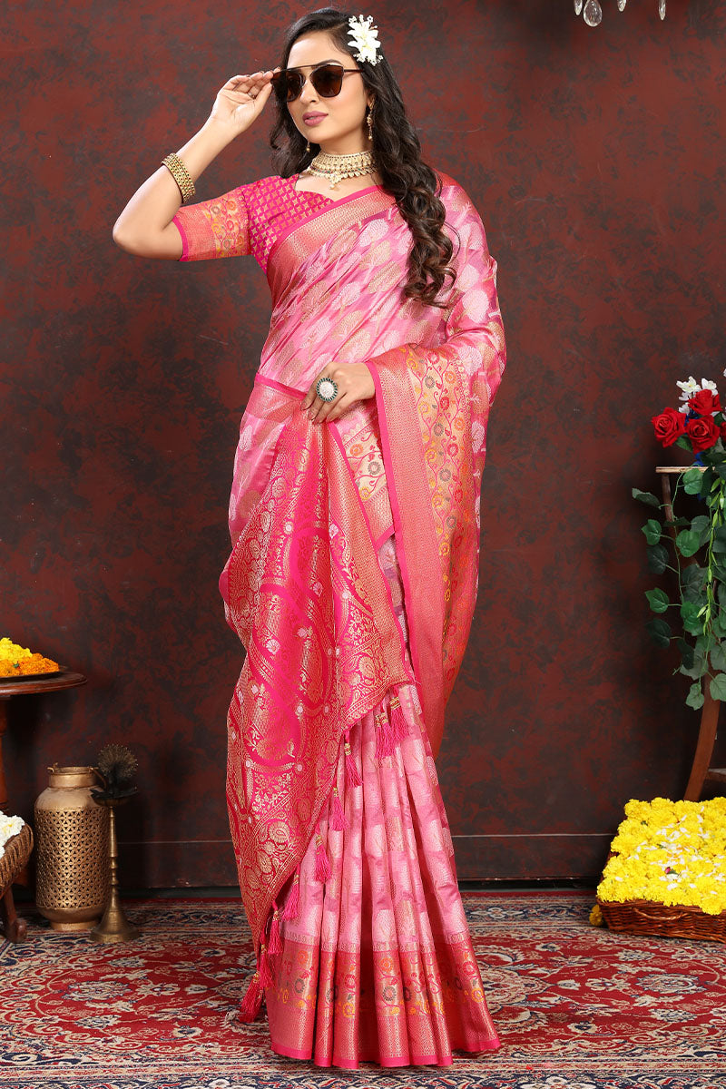 Allure Dark Pink Soft Banarasi Silk Saree With Zephyr  Blouse Piece