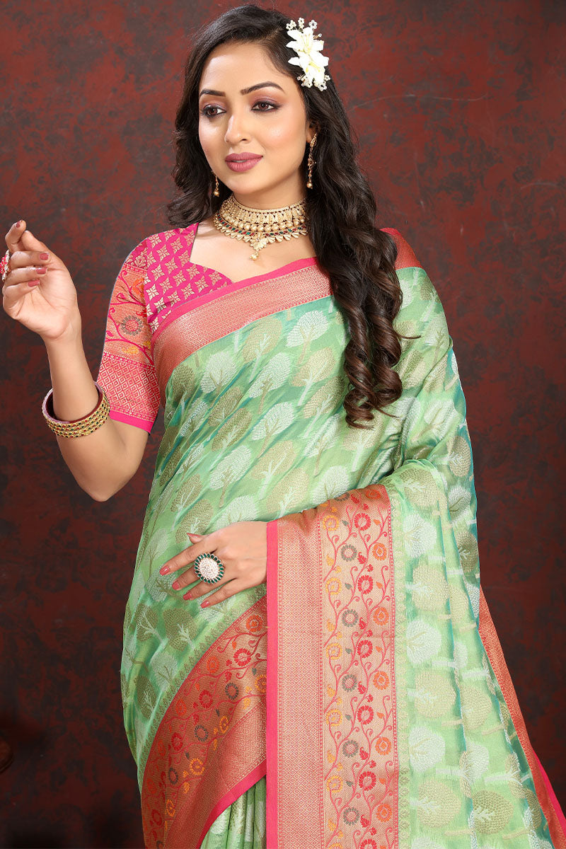 Lustrous Pista Soft Banarasi Silk Saree With Enamoring Blouse Piece