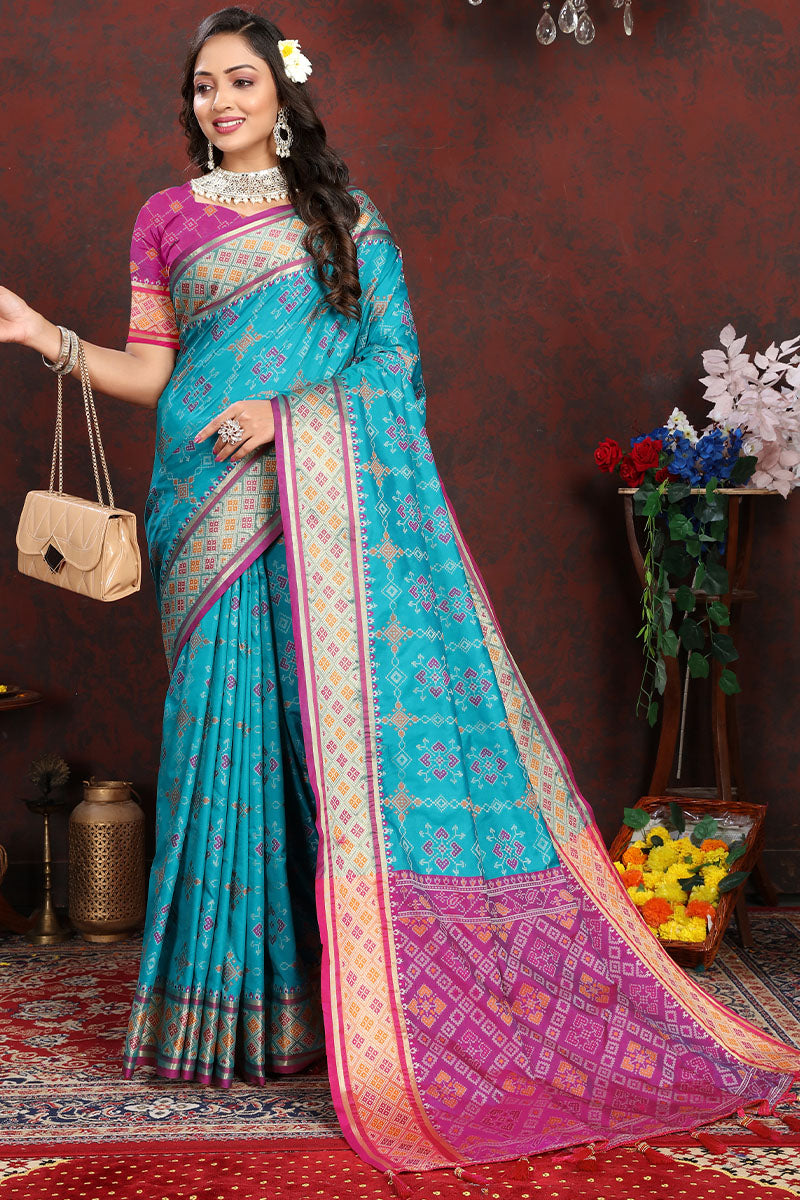 Evanescent Firozi Soft Banarasi Silk Saree With Pleasurable Blouse Piece