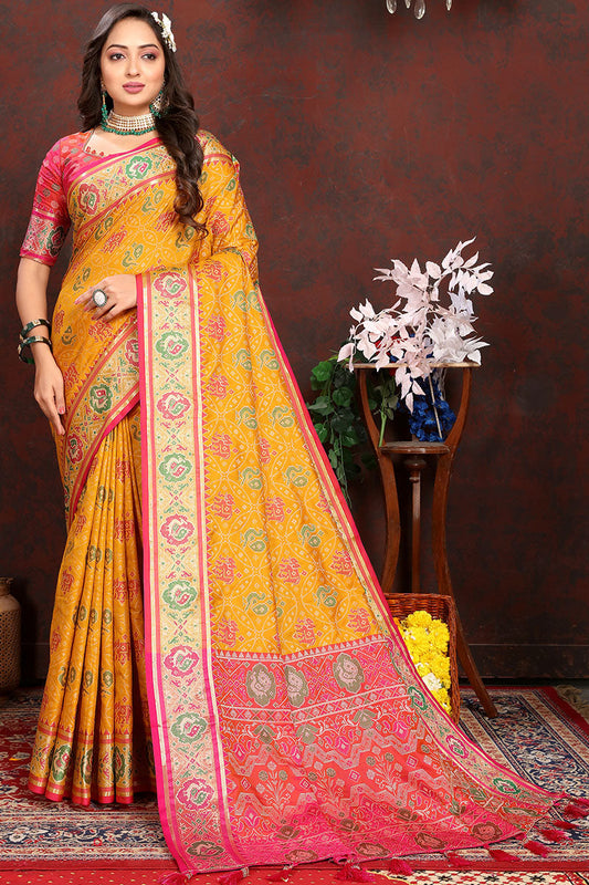 Delightful Yellow Soft Banarasi Silk Saree With Hypnotic Blouse Piece