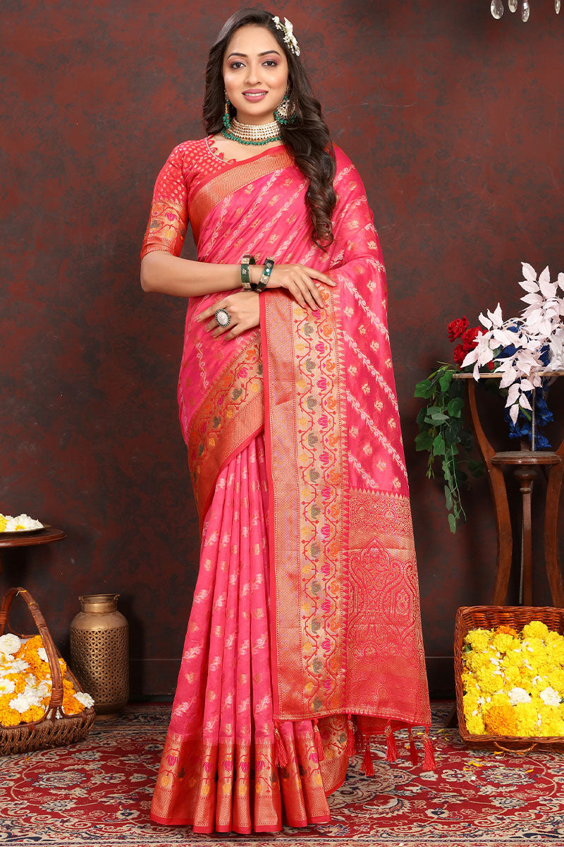 Mesmerising Dark Pink Soft Banarasi Silk Saree With Precious Blouse Piece