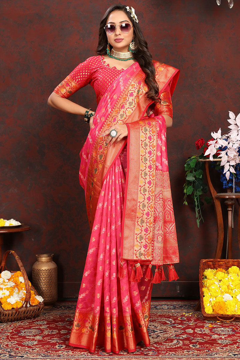 Mesmerising Dark Pink Soft Banarasi Silk Saree With Precious Blouse Piece