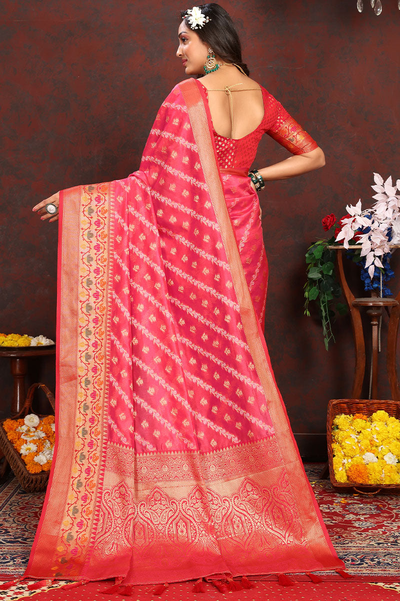 Mesmerising Dark Pink Soft Banarasi Silk Saree With Precious Blouse Piece