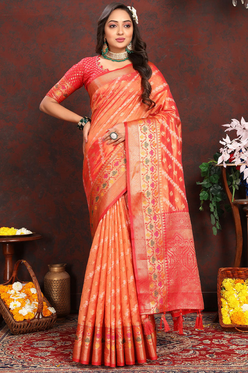 Jazzy Orange Soft Banarasi Silk Saree With Groovy Blouse Piece