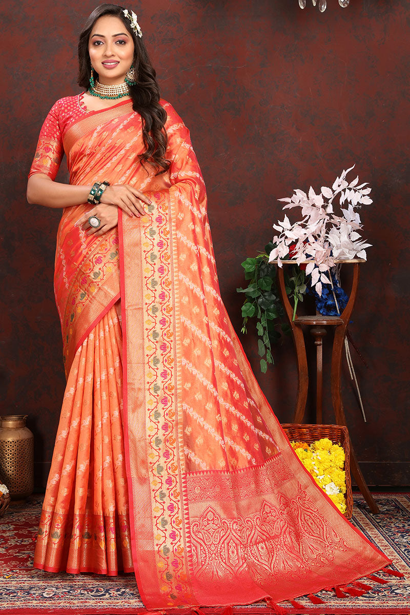 Jazzy Orange Soft Banarasi Silk Saree With Groovy Blouse Piece