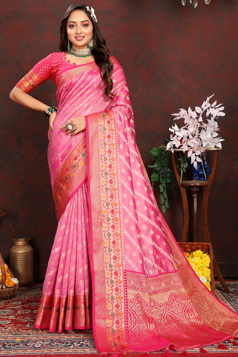 Inspiring Pink Soft Banarasi Silk Saree With Dalliance Blouse Piece