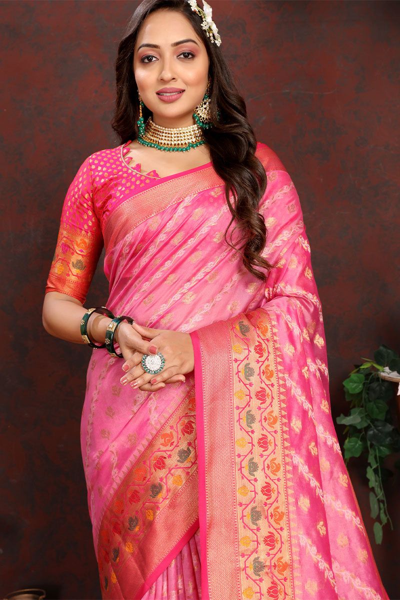 Inspiring Pink Soft Banarasi Silk Saree With Dalliance Blouse Piece