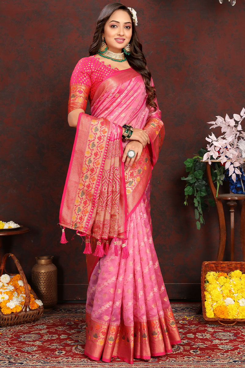 Inspiring Pink Soft Banarasi Silk Saree With Dalliance Blouse Piece