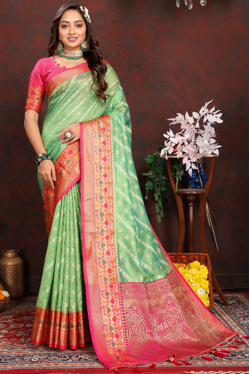 Eloquence Pista Soft Banarasi Silk Saree With Imbrication Blouse Piece