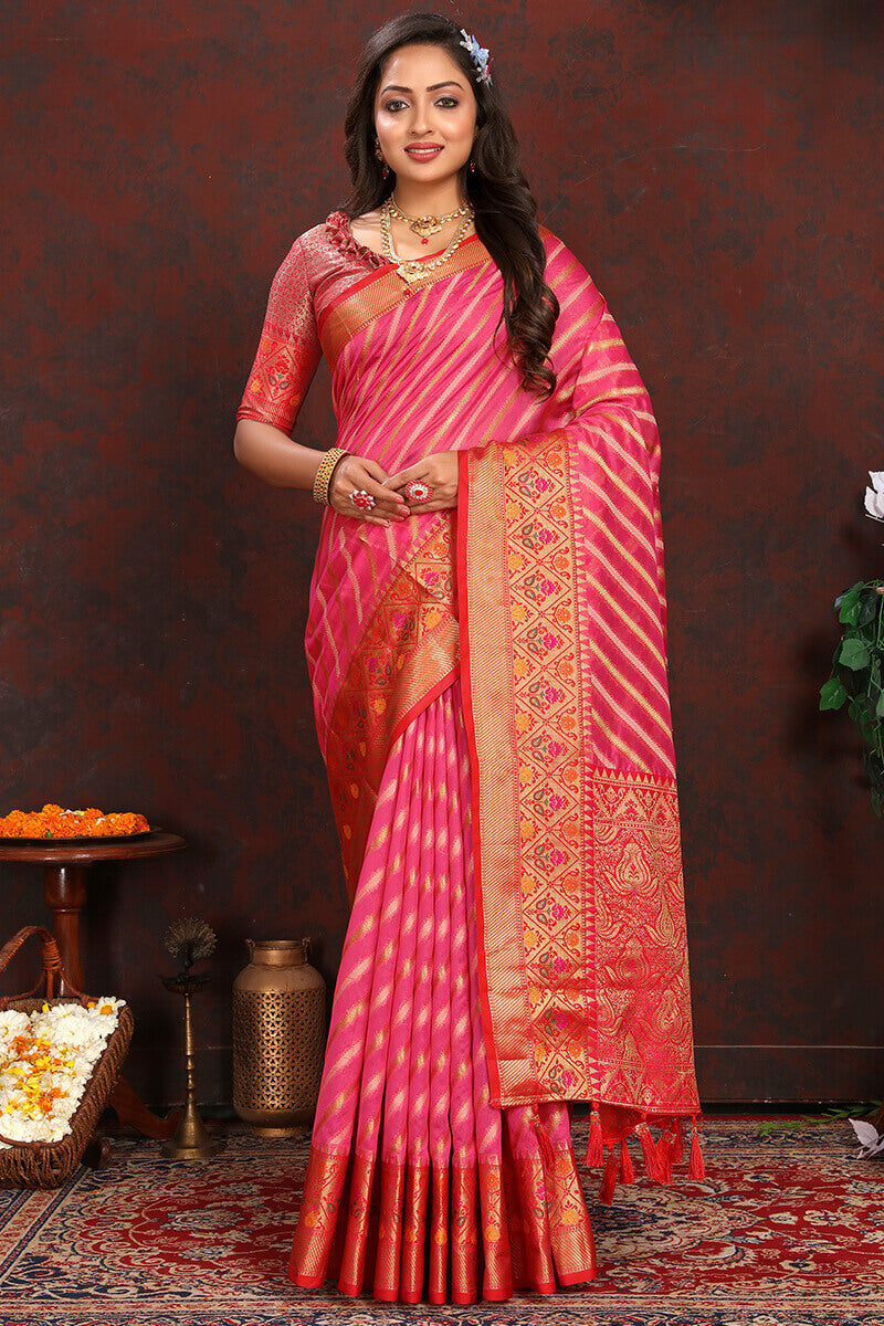 Lagniappe Dark Pink Soft Banarasi Silk Saree With Chatoyant Blouse Piece