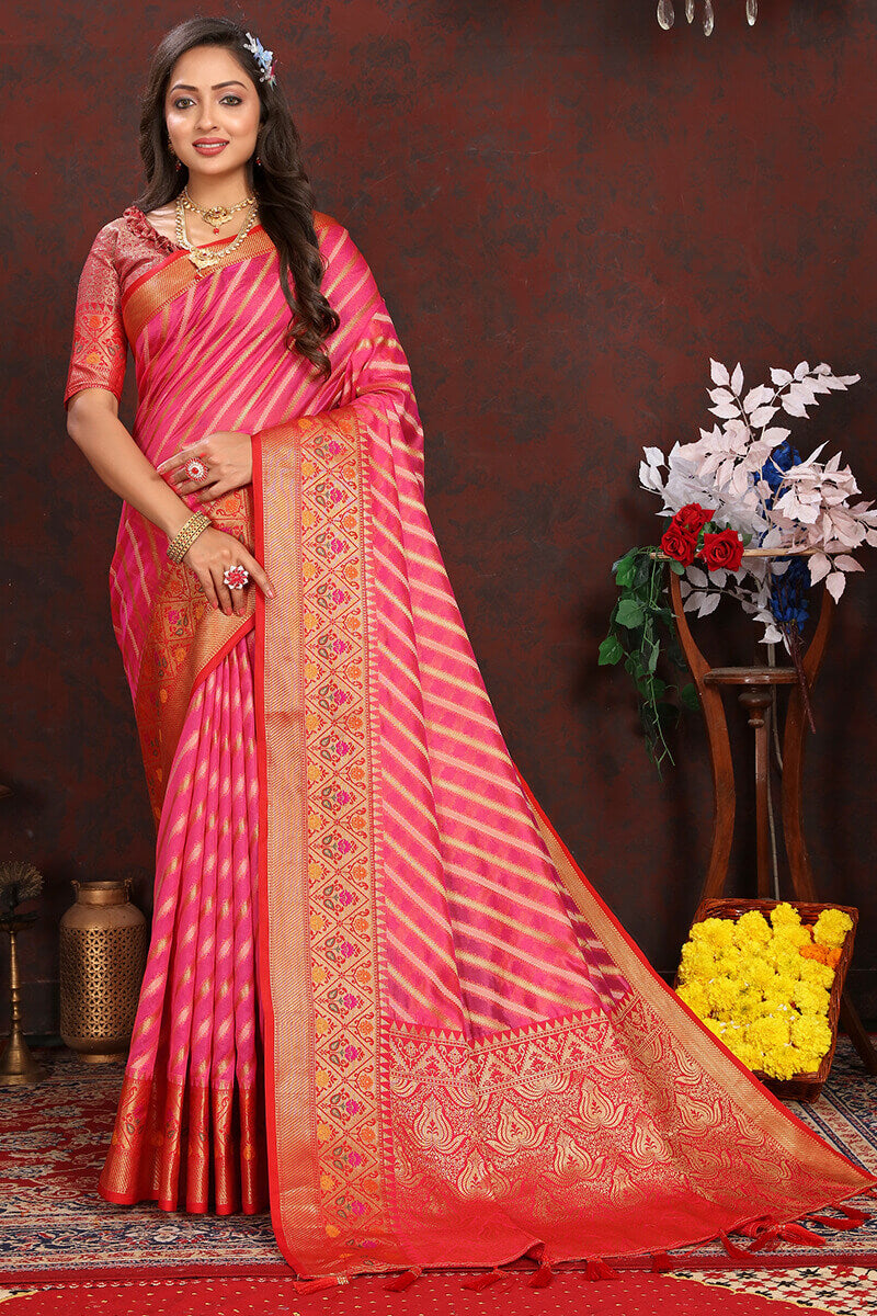 Lagniappe Dark Pink Soft Banarasi Silk Saree With Chatoyant Blouse Piece