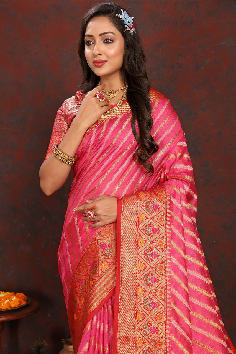 Lagniappe Dark Pink Soft Banarasi Silk Saree With Chatoyant Blouse Piece