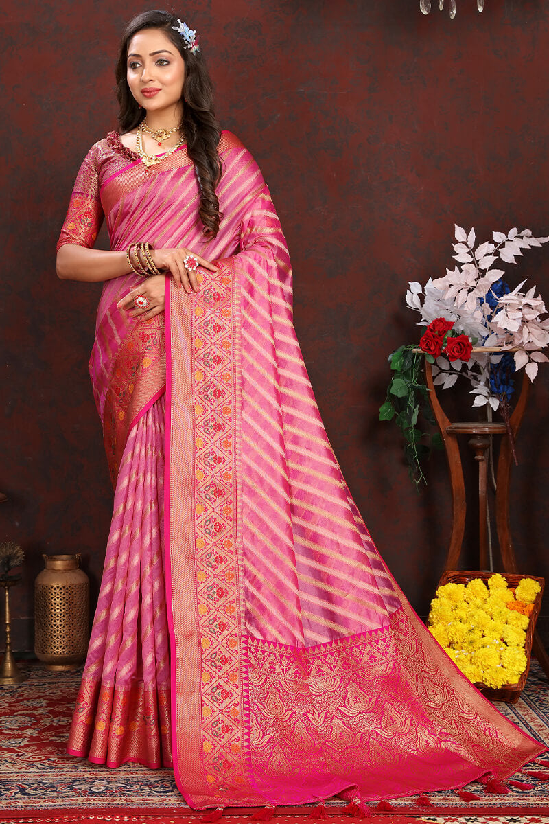 Blooming Pink Soft Banarasi Silk Saree With Glowing Blouse Piece