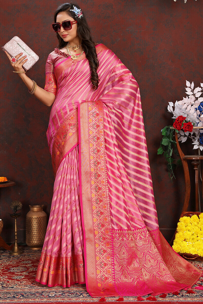 Blooming Pink Soft Banarasi Silk Saree With Glowing Blouse Piece