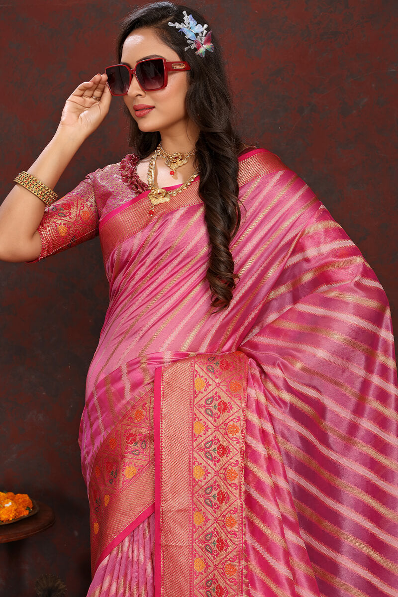 Blooming Pink Soft Banarasi Silk Saree With Glowing Blouse Piece