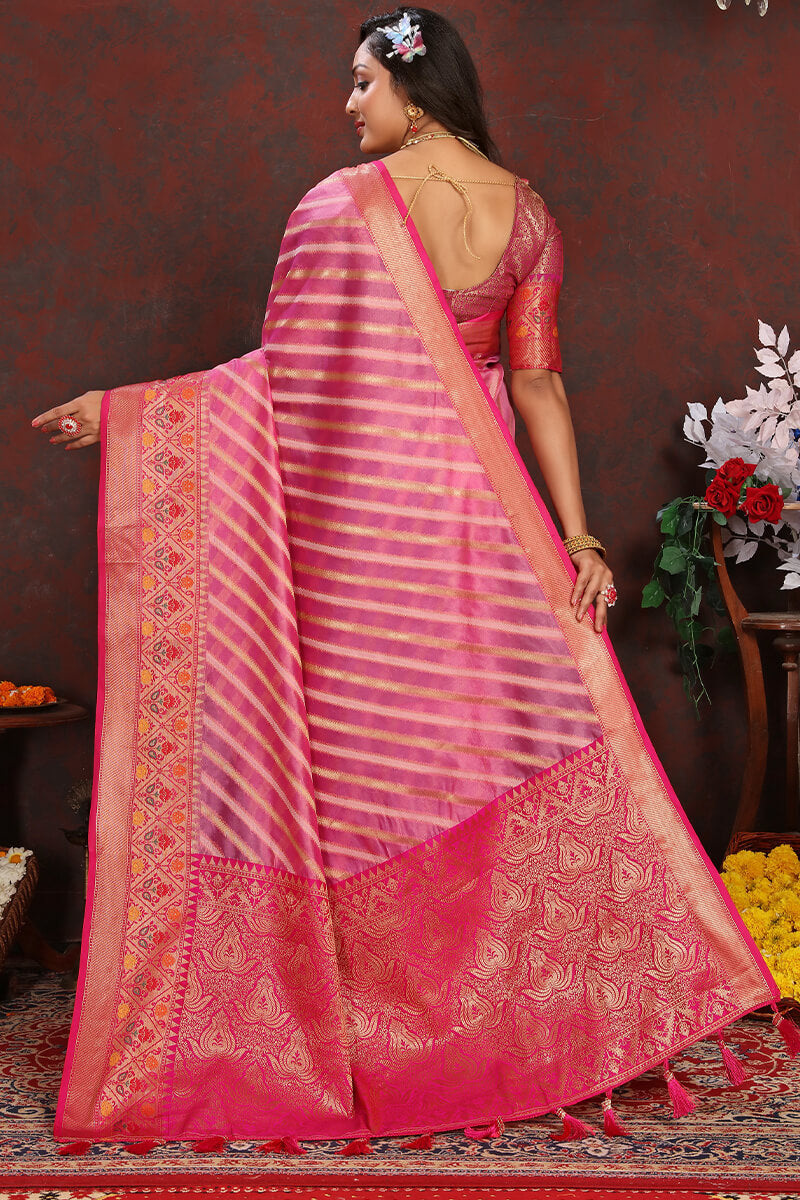 Blooming Pink Soft Banarasi Silk Saree With Glowing Blouse Piece