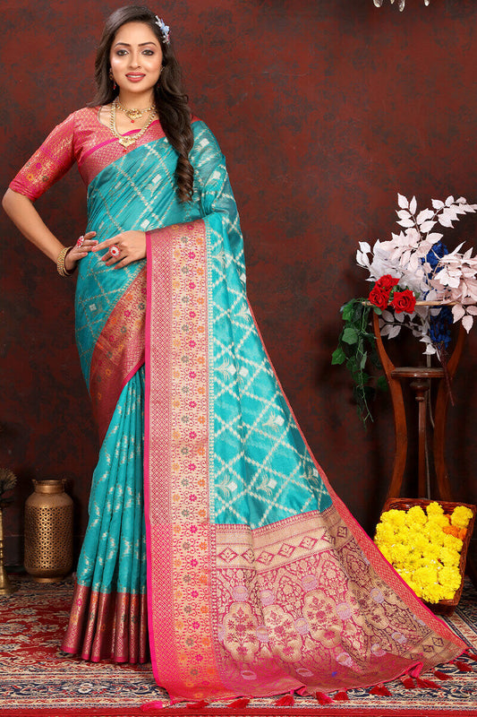 Lovely Firozi Soft Banarasi Silk Saree With Adorning Blouse Piece