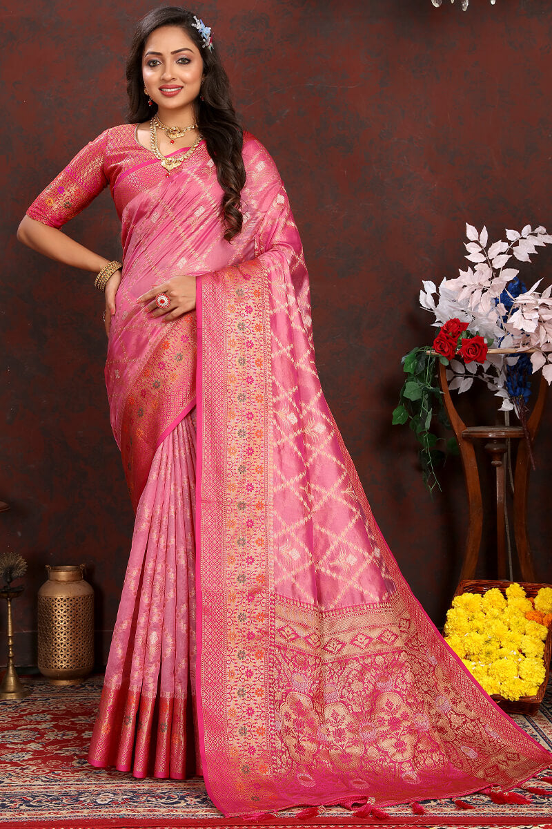 Groovy Pink Soft Banarasi Silk Saree With Pleasant Blouse Piece