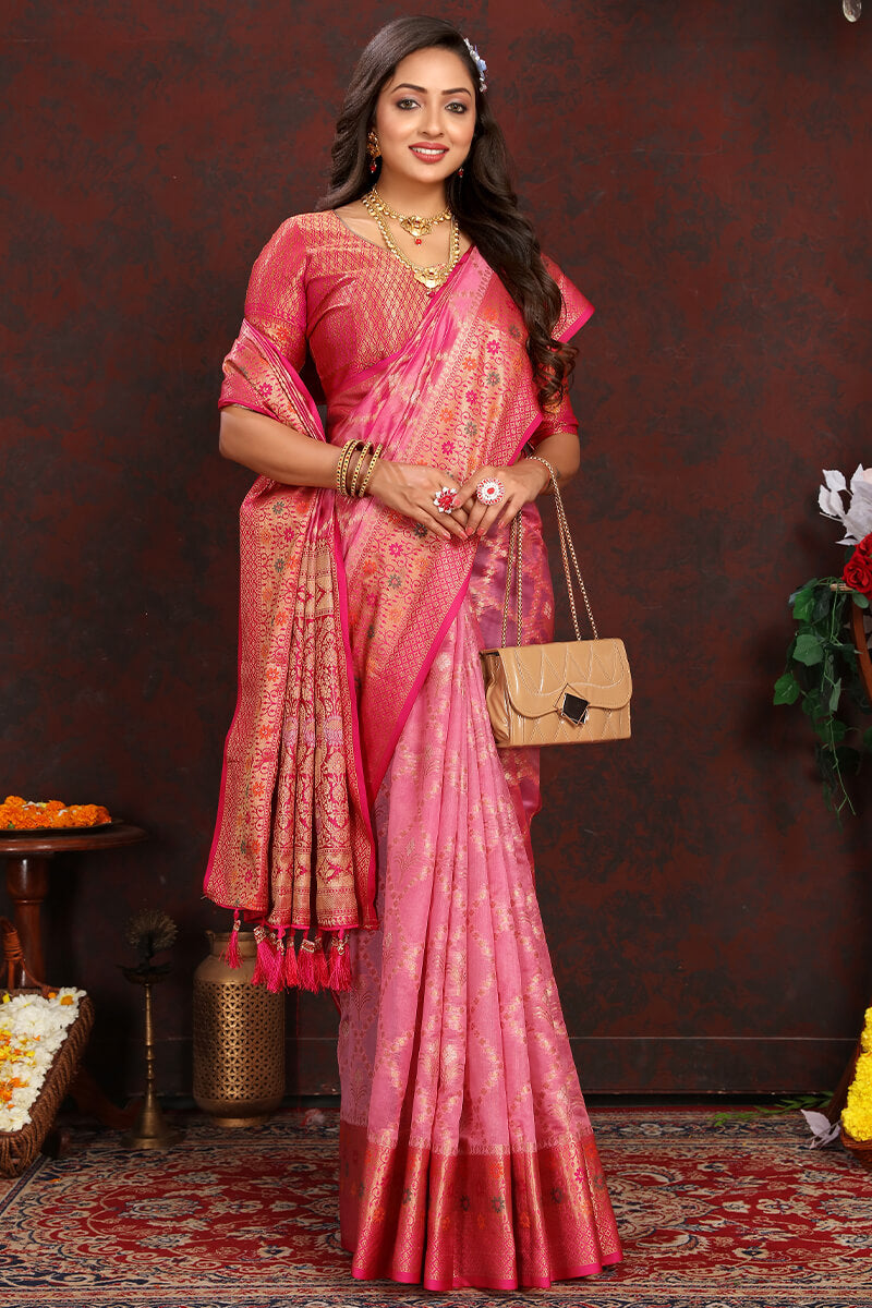 Groovy Pink Soft Banarasi Silk Saree With Pleasant Blouse Piece