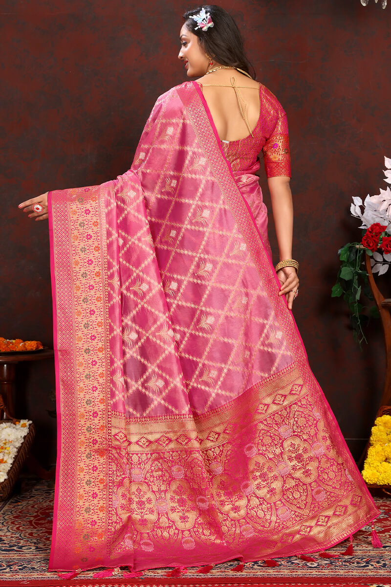 Groovy Pink Soft Banarasi Silk Saree With Pleasant Blouse Piece