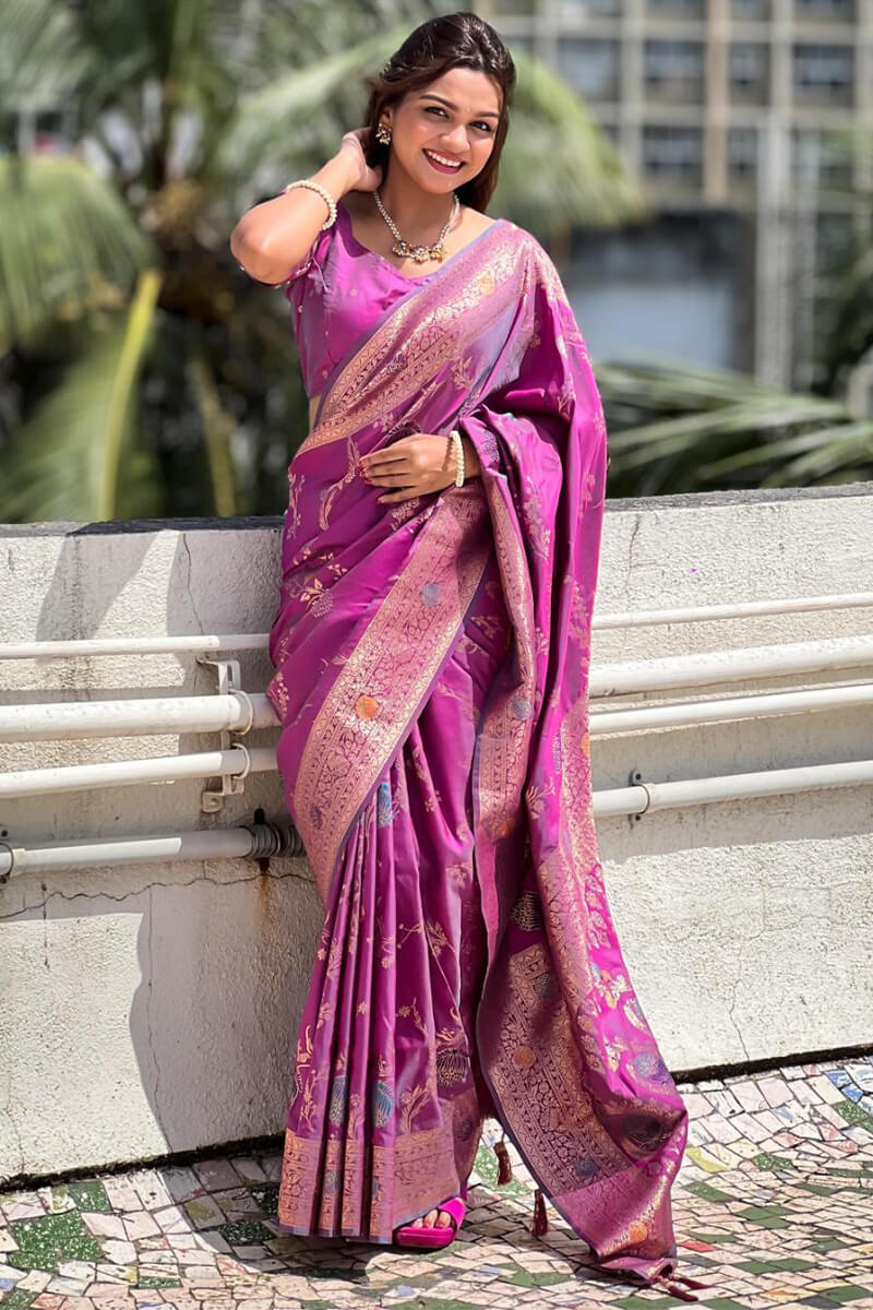 Enigmatic Purple Soft Banarasi Silk Saree With Quixotic Blouse Piece