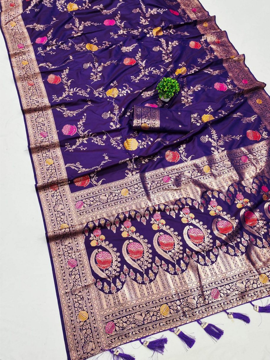 Exquisite Royal Purple Soft Banarasi Silk Saree With Splendorous Blouse Piece