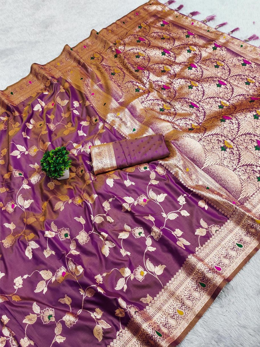 Eloquence Purple Soft Banarasi Silk Saree With Amiable Blouse Piece