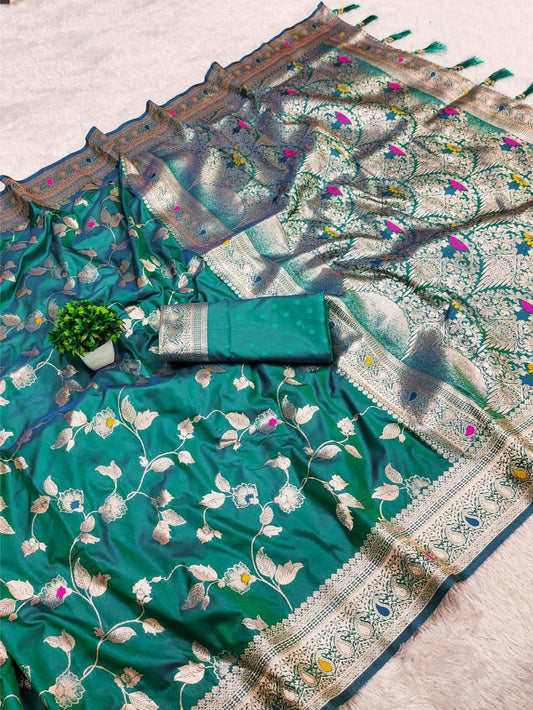 Luxuriant Rama Soft Banarasi Silk Saree With Elaborate Blouse Piece